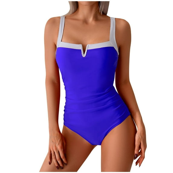 Zpanxa Women's One Piece Swimsuits Tummy Control Modest Bathing Suits Wide Shoulder Strap Chest Color Block Swimsuit Blue M
