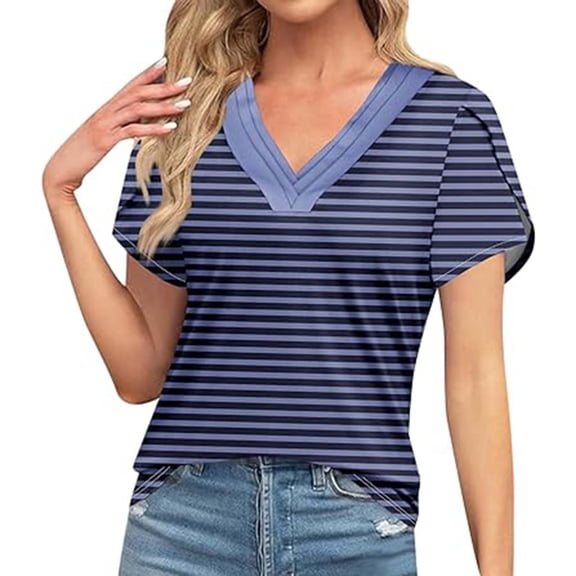 Zpanxa Women's Oversized V-Neck Top Short Sleeve Relaxed Fit Blouse Striped and Color Block Casual Summer Tee Comfortable T-Shirt