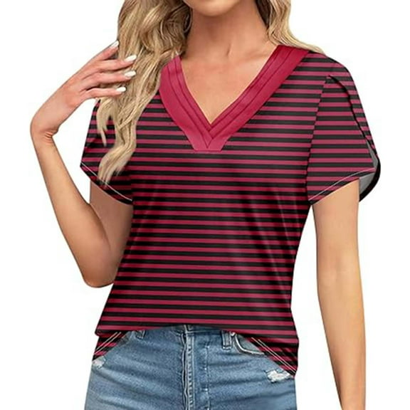 Zpanxa Women's Oversized V-Neck Top Short Sleeve Relaxed Fit Blouse Striped and Color Block Casual Summer Tee Comfortable T-Shirt