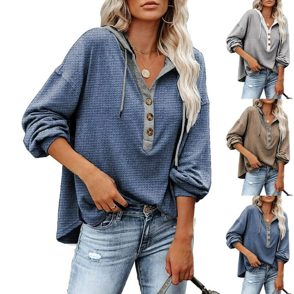Zpanxa Women's Patchwork Hooded Sweatshirt Fall Winter Drawstring Pullover Long Sleeve Button Detail Fleece Lined Top