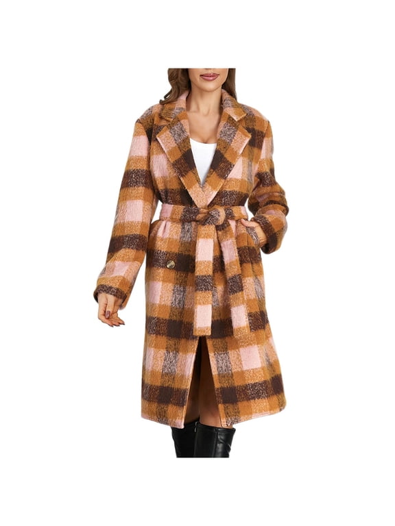 Women's Plaid Shacket Button Front Coat Turn Down Collar Long Sleeve Pockets Winter