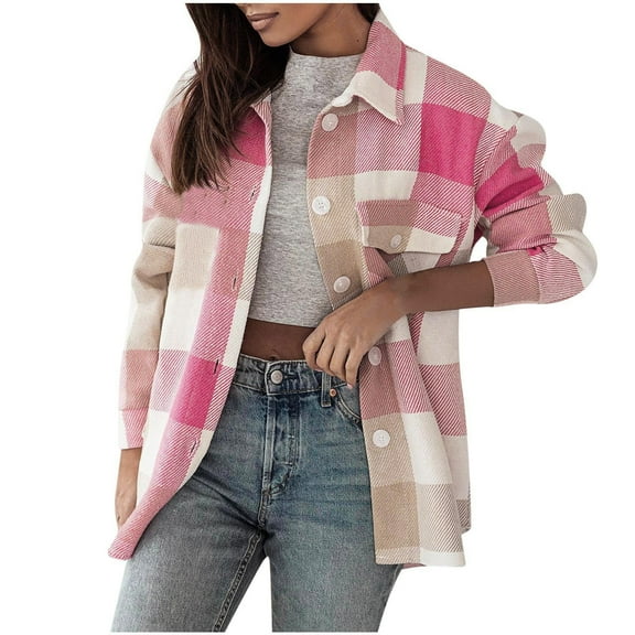 Zpanxa Women's Plaid Shirt Jacket Long Sleeve Loose Fit Windproof Casual Coat Fall Winter Fashion