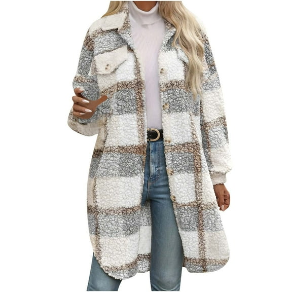 Zpanxa Women's Plaid Wool Blend Coat Double Breasted Notch Lapel Long Sleeve Winter Jacket for Office Commute White M