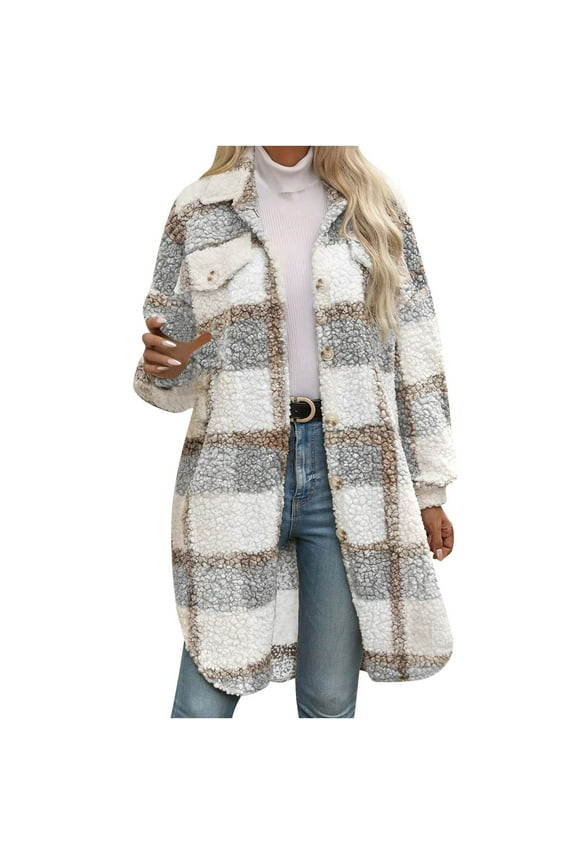 Women's Plaid Wool Blend Coat Double Breasted Notch Lapel Long Sleeve Winter Jacket for Office Commute White M
