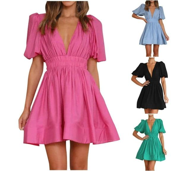 Zpanxa Women's Pleated Midi Dress Short Sleeve V Neck Office Work Dress for Business Casual