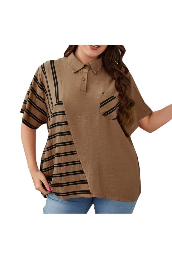 Women's Plus Size Button Down Shirt Color Block Short Sleeve Top with Pocket Casual Comfortable Loose Fit Blouse for Women