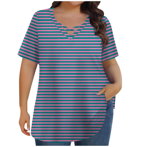 Zpanxa Women's Plus Size Cross Over V-Neck Top Short Sleeve Polka Dot Print Blouse Loose Comfortable Fit Casual T-Shirt for Women