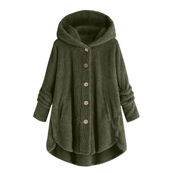 Zpanxa Women's Plus Size Hooded Cardigan Long Sleeve Button Front Plush Wool Blend Winter Coat