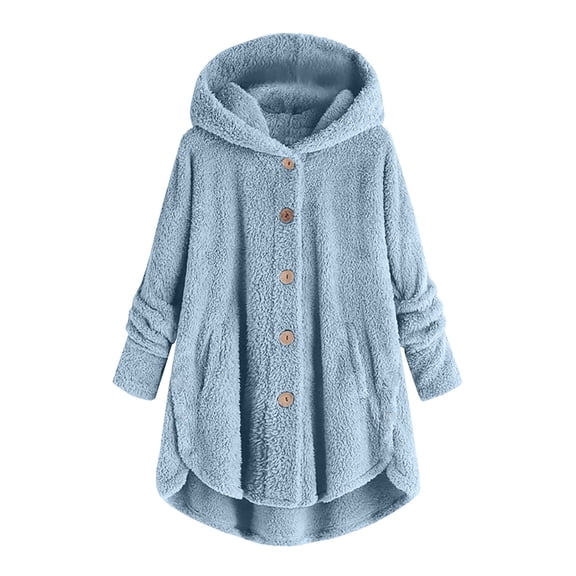 Zpanxa Women's Plus Size Hooded Cardigan Long Sleeve Button Front Plush Wool Blend Winter Coat