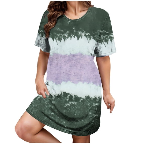 Zpanxa Women's Plus Size Loose Fit Dress Short Sleeve Tie Dye Casual Round Neck Flowy Summer Dress