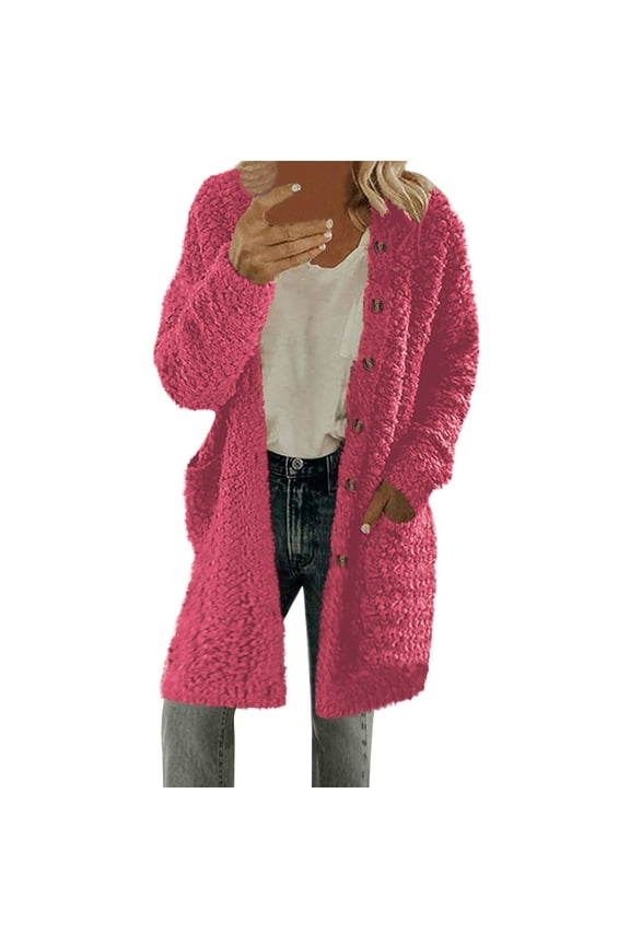 Women's Plush Jacket Soft Fleece Button Front Pocket Long Sleeve Casual Lounge Wear Comfortable Solid Color Top for Women Hot Pink XL