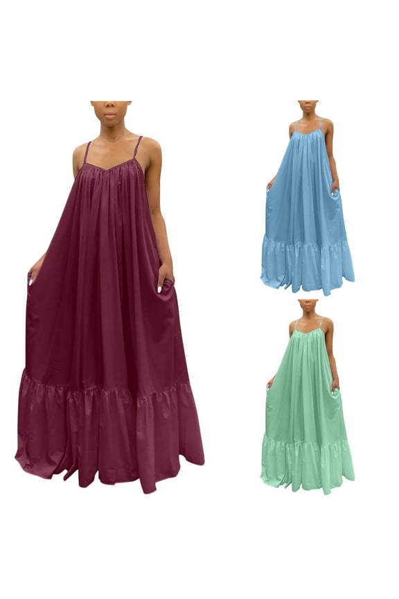 Women's Pocket Nightgown Sleeveless Sleep Dress Pleated Front Round Neck Nightie