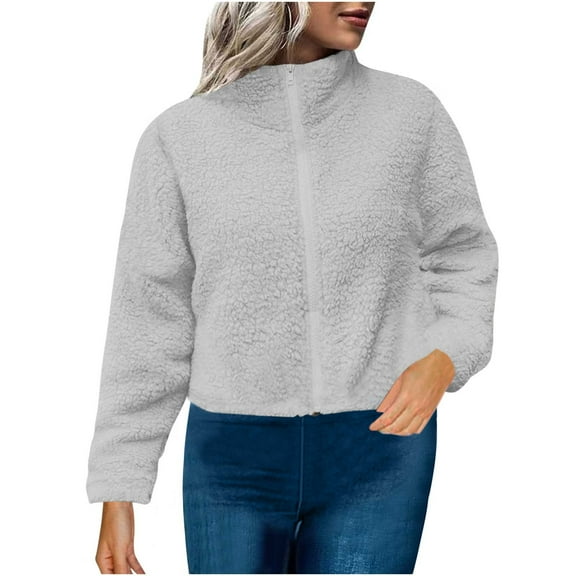 Zpanxa Women's Polar Fleece Stand Collar Jacket Solid Color, Thermal Lined Zip Up Pockets Casual Cardigan Coat