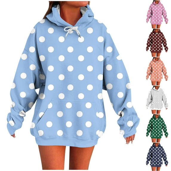 Zpanxa Women's Polka Dot Hooded Sweatshirt Long Sleeve Drop Shoulder Pullover with Kangaroo Pocket Casual Lounge Top