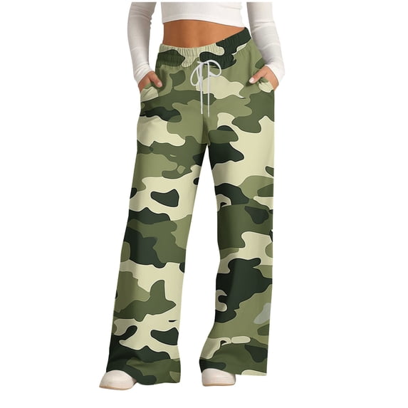 Zpanxa Women's Printed Wide Leg Pants with Drawstring Waist and Pockets Comfort Fit Full Length Casual Trousers for Everyday Wear Army Green S