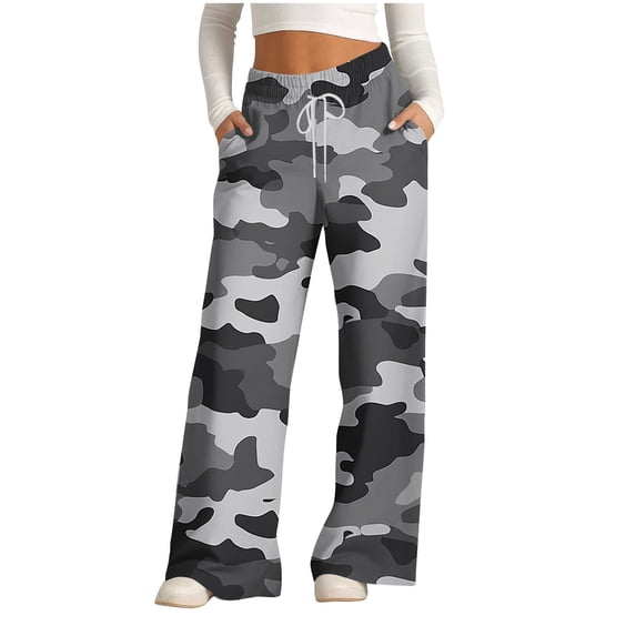 Zpanxa Women's Printed Wide Leg Pants with Drawstring Waist and Pockets Comfort Fit Full Length Casual Trousers for Everyday Wear Gray L