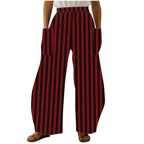 Zpanxa Women's Printed Wide Leg Pants with Pockets Elastic Waist Comfort Fit Mid Rise Loose Trousers for Casual Everyday Wear Red XXL