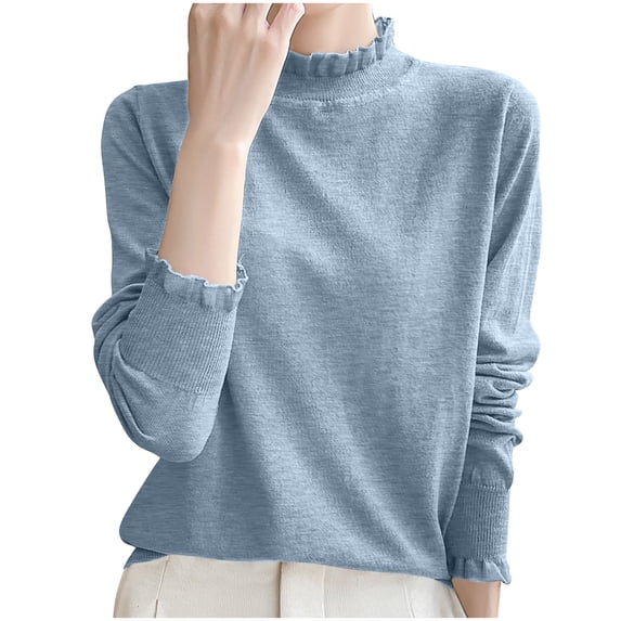 Zpanxa Women's Pullover Sweaters Mock Neck Ruffle Trim Long Sleeve Solid Color Knit Sweater Gray L