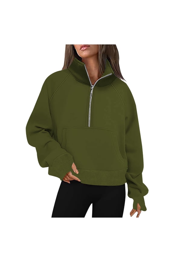 Women's Quarter Zip Stand Collar Sweatshirt, Long Sleeve Sports Pullover with Thumbholes and a Performance Feel for Active Wear Green L