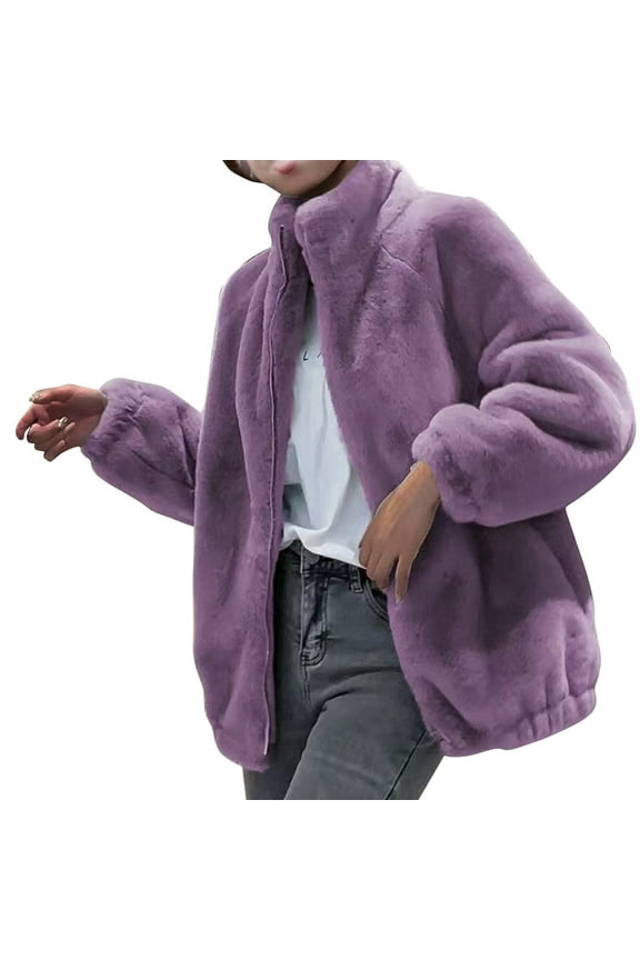 Women's Reversible Plush Fleece Jacket Thermal Insulated Winter Coat Hooded High Neck Zipper Front Long Sleeve Warm Windproof Casual Outerwear for Cold Weather Purple XXL
