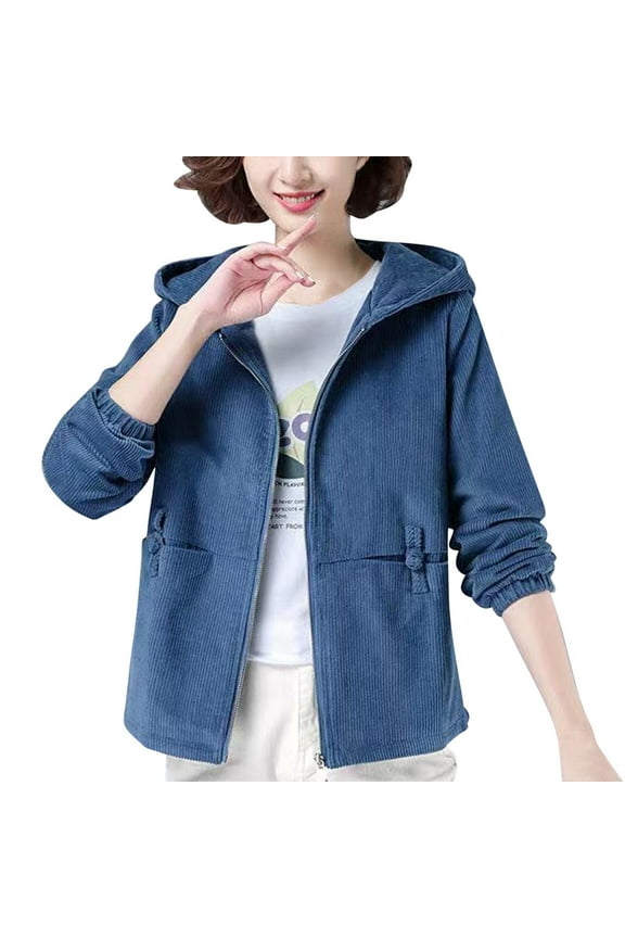 Women's Ribbed Corduroy Jacket Hooded Y2K Vintage Button Up Long Sleeve Loose Fit Top
