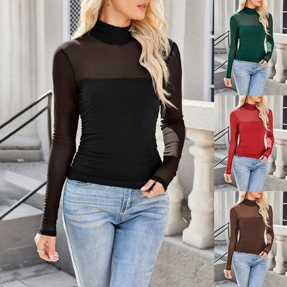 Zpanxa Women's Sheer Mesh High Neck Top Long Sleeve Sexy See Through Blouse Evening Party Bodycon Tight Fit Elegant