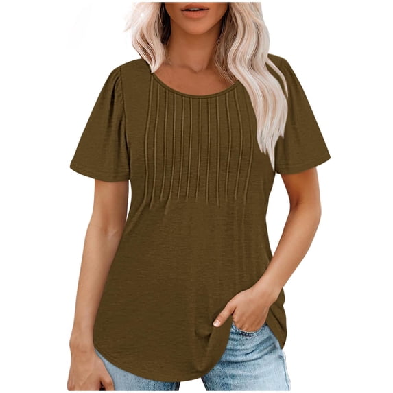 Zpanxa Women's Short Sleeve Blouse Solid Color Round Neck Casual Top Loose Fit Relaxed Shirt Everyday Summer Tunic