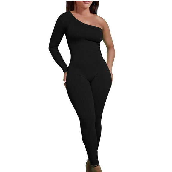 Zpanxa Women's Off Shoulder Jumpsuit Long Sleeve Bodycon One Piece Solid Color Stretch Comfort Fit Versatile All-Day Outfit for Various Occasions Black L