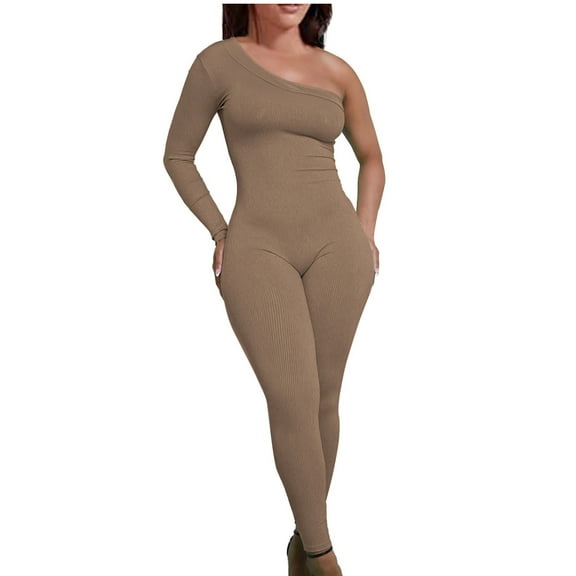 Zpanxa Women's Off Shoulder Jumpsuit Long Sleeve Bodycon One Piece Solid Color Stretch Comfort Fit Versatile All-Day Outfit for Various Occasions Khaki S