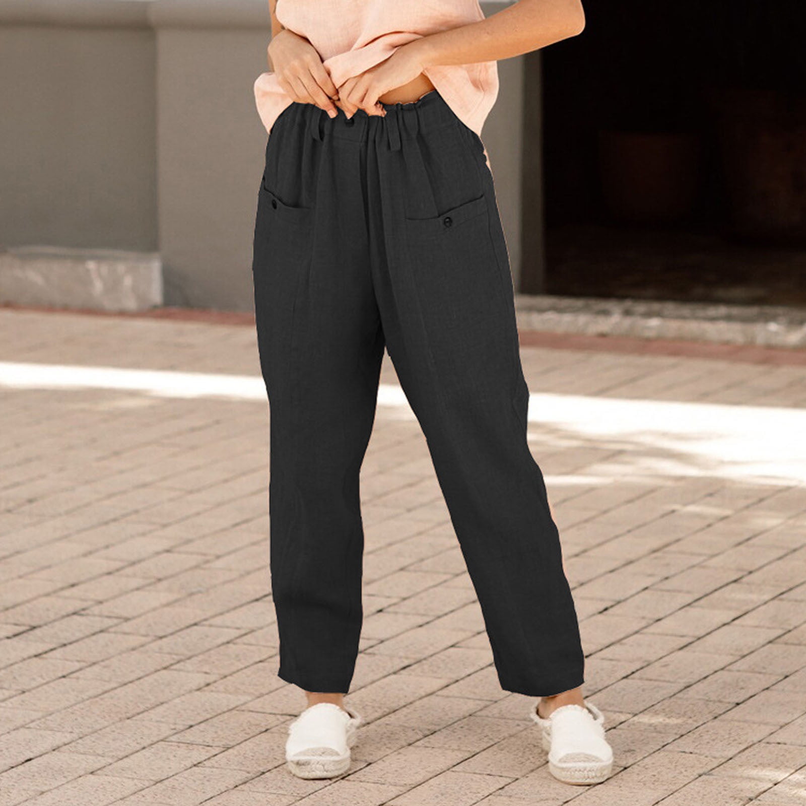 Frontwalk Womens Cotton Linen Loose Fit Casual Pants Elastic Waist Yoga  Summer Beach Trousers Pants with Pockets Khaki S - Walmart.com