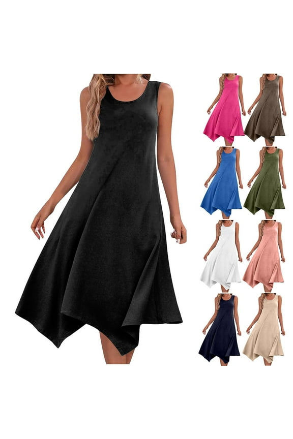 Women's Sleeveless A Line Dress Solid Color Asymmetrical Hem Long Casual Summer Dress