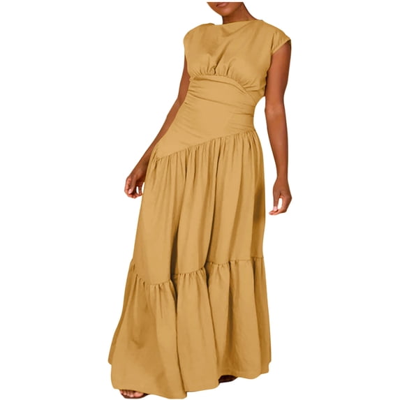 Zpanxa Women's Sleeveless Maxi Dress Solid Color Round Neck Pleated Dress with Elastic Waist Casual Summer Day Dress