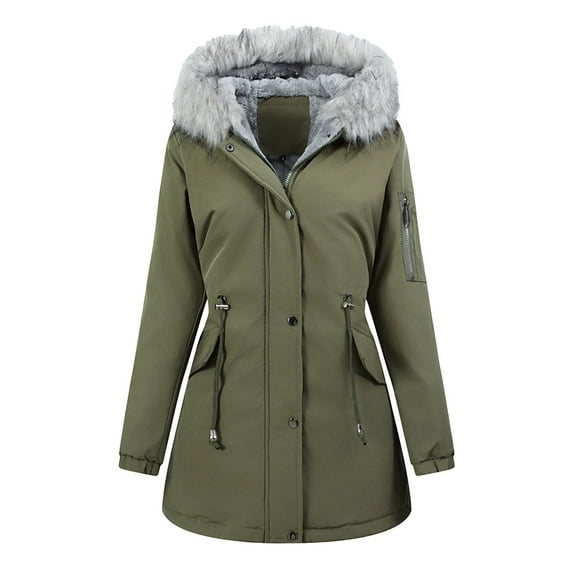 Zpanxa Women's Parka Jacket with Bandage Waist Design Button Front Zipper Closure Hooded Long Sleeve Coat for Casual Outdoor Wear Army Green L