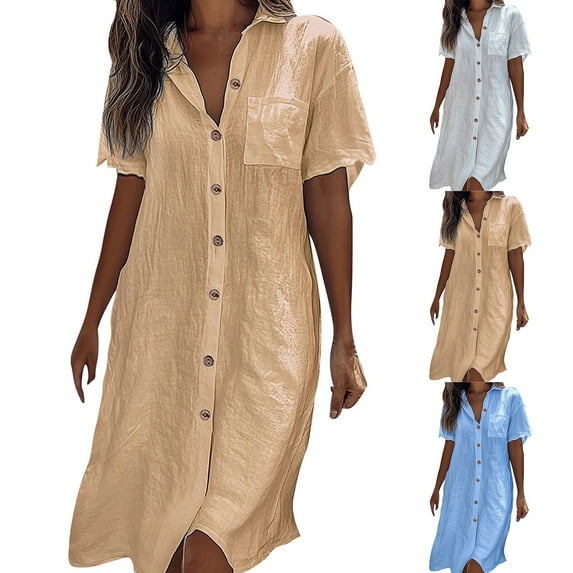 Zpanxa Women's Solid Color Short Sleeve Shirt Dress Long Length Casual Open Front Tunic Dress