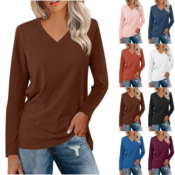 Zpanxa Women's Solid Color V Neck T-Shirt Long Sleeve Stretch Basic Tee Casual Comfort Fit Everyday Top