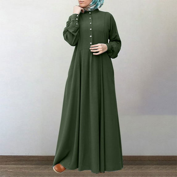 Zpanxa Women's Solid Pocket Maxi Dress, Plus Size Summer Dress, Round Neck Long Sleeve Loose Vintage Long Dress, Women Hawaiian Casual Beach Ankle-length Dress Green L