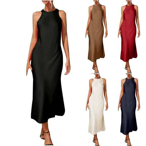 Zpanxa Women's Solid Satin Slit Dress Sleeveless Side Zipper Long Evening Gown Fake Silk Formal Party Dress