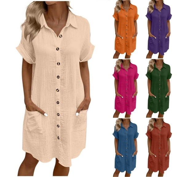 Zpanxa Women's Solid Shirt Dress with Pockets Short Sleeve Lapel Collar Casual Belted Dress