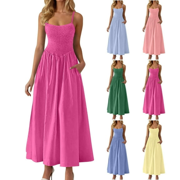 Zpanxa Women's Solid Spaghetti Strap Pocket Dress Pleated Bustier Summer Beach Cover Up Dress