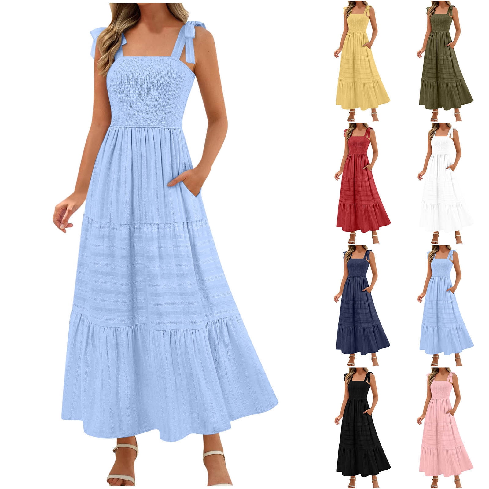 Zpanxa Women's Solid Strappy Square Neck Dress Sleeveless Knee Length  Summer Boho Dress