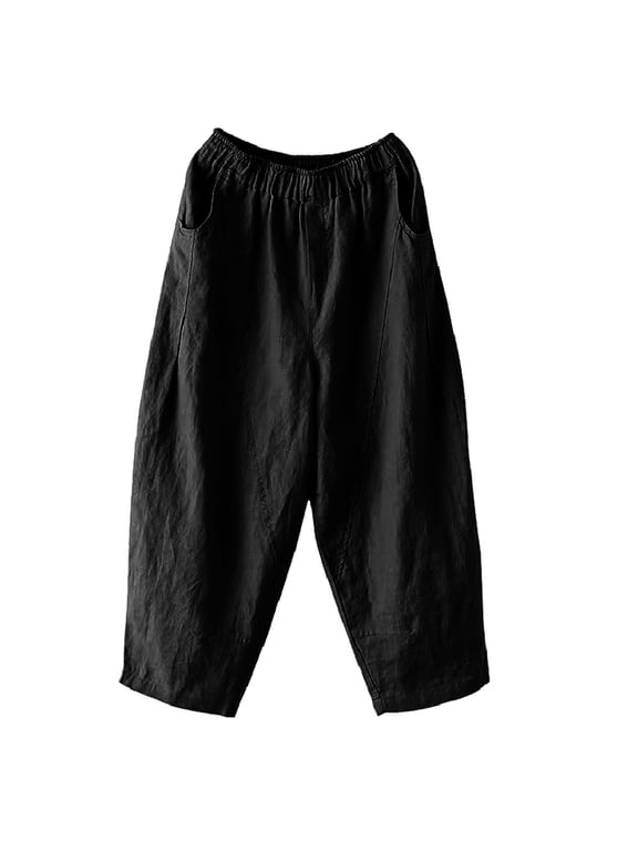 Women's Split Hem Wide Leg Pants with Pockets Solid Color Elastic Waist Loose Straight Leg Trousers Comfort Fit for Casual Everyday Wear Black XXL