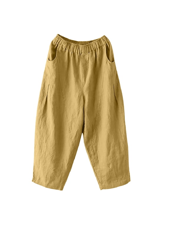 Women's Split Hem Wide Leg Pants with Pockets Solid Color Elastic Waist Loose Straight Leg Trousers Comfort Fit for Casual Everyday Wear Yellow M