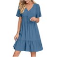 thumbnail image 1 of Zpanxa Women's Spring Summer Dress V Neck Loose Fit Pleated High Waist Bohemian Maxi Dress with Lace Trim Casual Beach Dress, 1 of 8