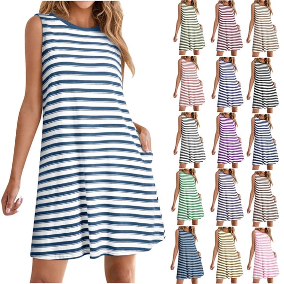 Zpanxa Women's Striped Tank Dress Round Neck A Line Skirt Dress Breathable Casual Summer Sundress