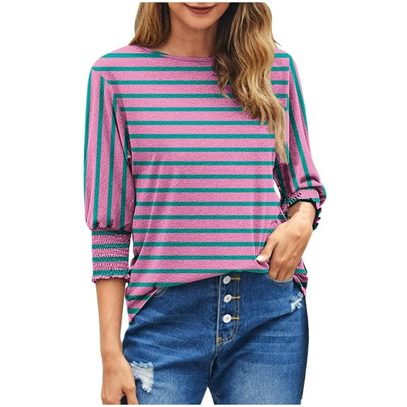 Zpanxa Women's Striped Top 3/4 Sleeve Round Neck Casual Blouse Loose Fit Comfortable Everyday Summer Shirt