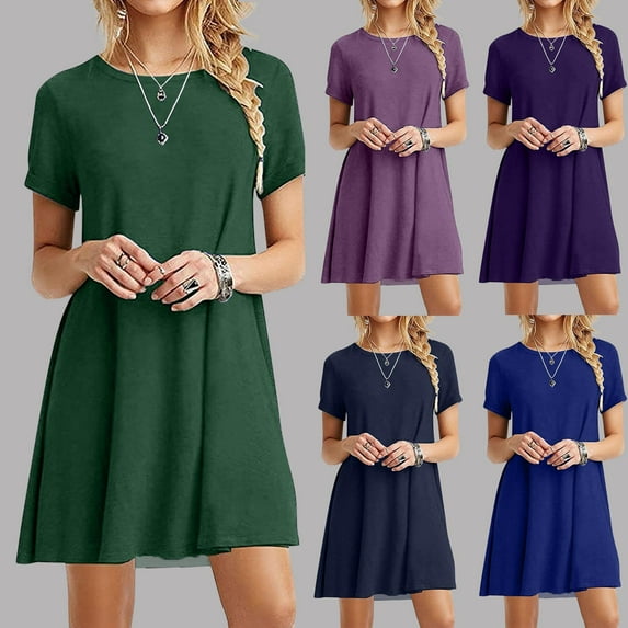 Zpanxa Women's Summer Casual Short Sleeve Round Neck Midi Dress Solid Color Knee Length Office Dress