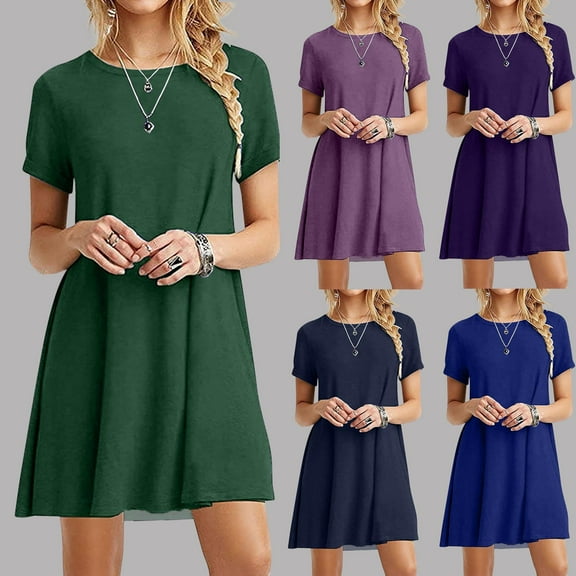 Zpanxa Women's Summer Casual Short Sleeve Round Neck Midi Dress Solid Color Knee Length Office Dress