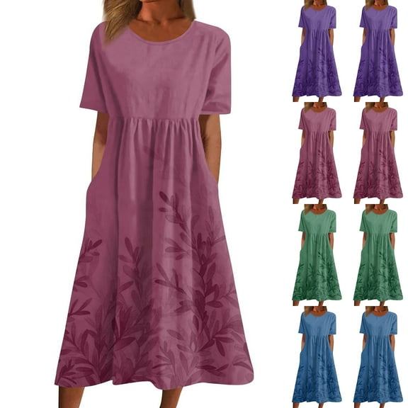 Zpanxa Women's Summer Floral Print Short Sleeve Round Neck Midi Dress Casual Vacation Dress