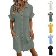 Zpanxa Women's Summer Minimalist V Neck Button Down Dress Casual Knee Length Cotton Dress