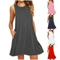 thumbnail image 1 of Zpanxa Women's Summer Round Neck Sleeveless Pocket Dress Solid Color Casual Everyday Midi Dress, 1 of 5